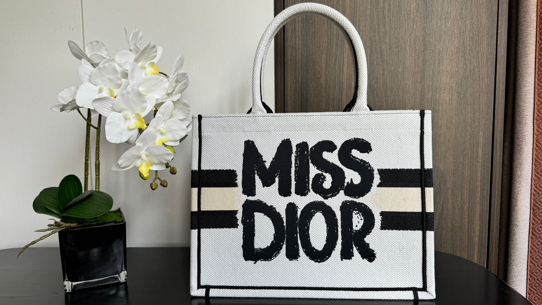 Dior Graffiti Print White Canvas Tote Bag with Stripe Accent Handbag