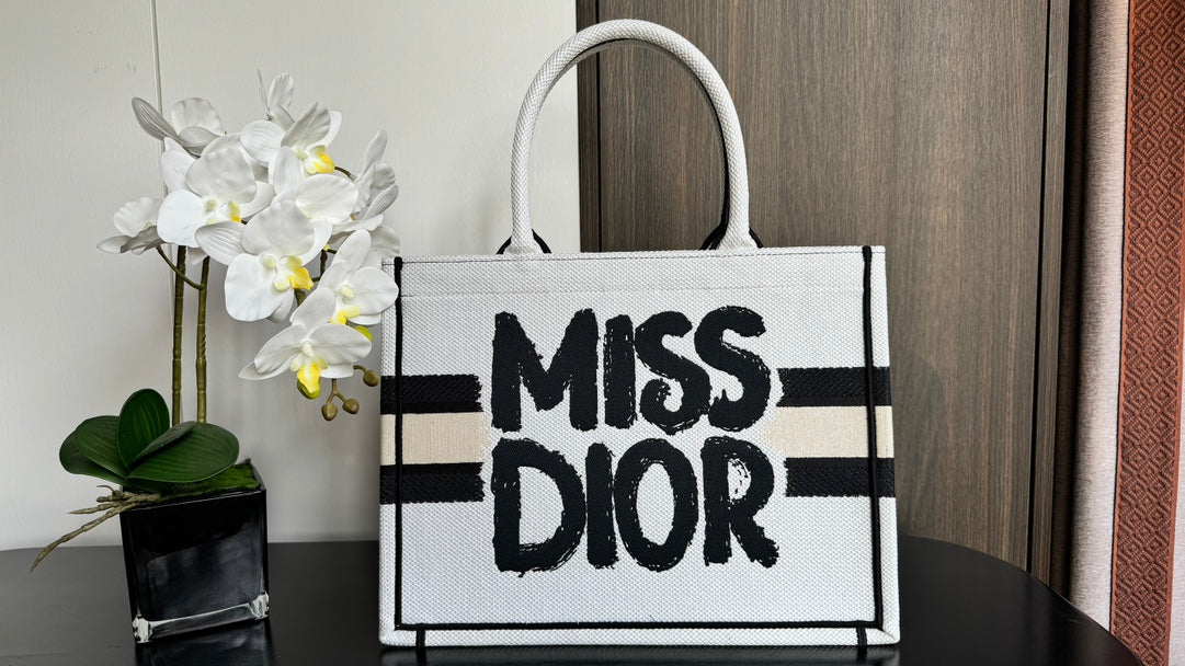 Dior Graffiti Print White Canvas Tote Bag with Stripe Accent Handbag