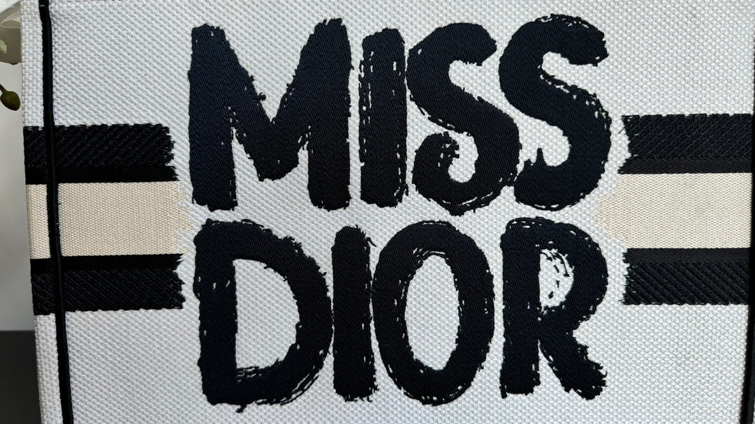 Dior Graffiti Print White Canvas Tote Bag with Stripe Accent Handbag