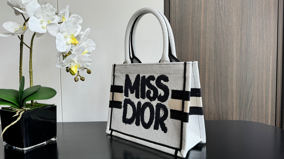Dior Chic Black and White Graffiti Print Canvas Tote Bag with Handles