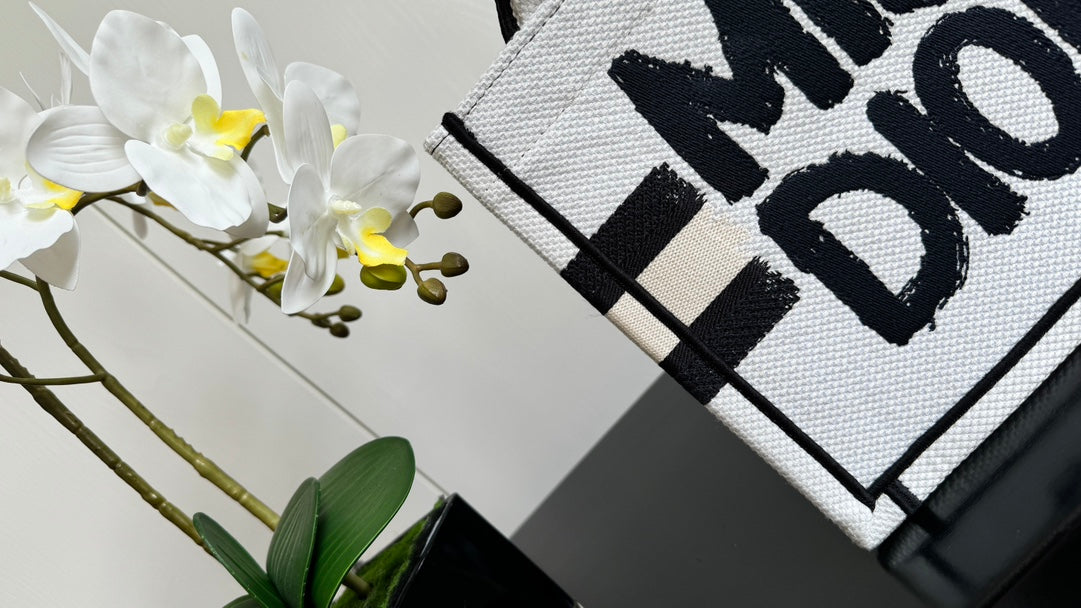 Dior Canvas Top Handle Tote Bag with Black Graffiti Graphic Print