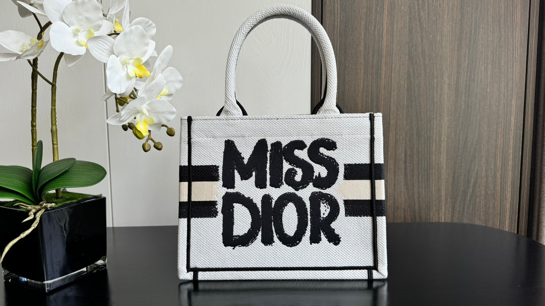 Dior Canvas Top Handle Tote Bag with Black Graffiti Graphic Print