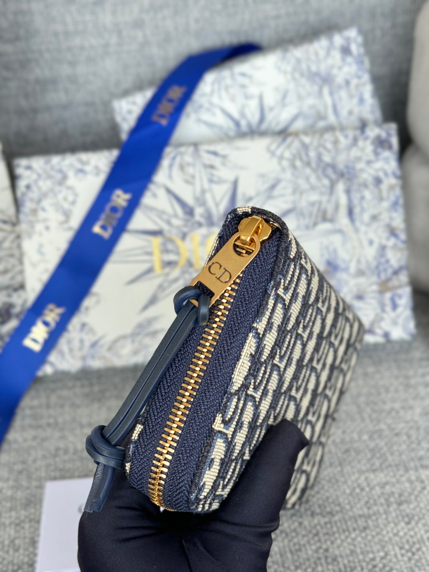 Dior Classic Blue Monogram Jacquard Zip-Around Wallet for Women