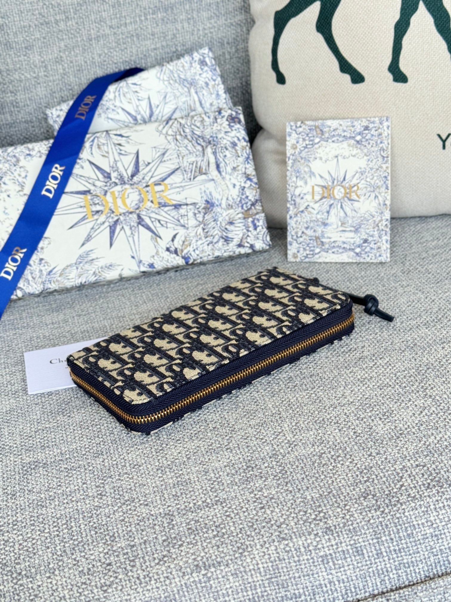Dior Classic Blue Monogram Jacquard Zip-Around Wallet for Women