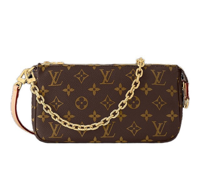Louis Vuitton Brown Monogram Canvas Pochette Shoulder Bag with Gold Chain