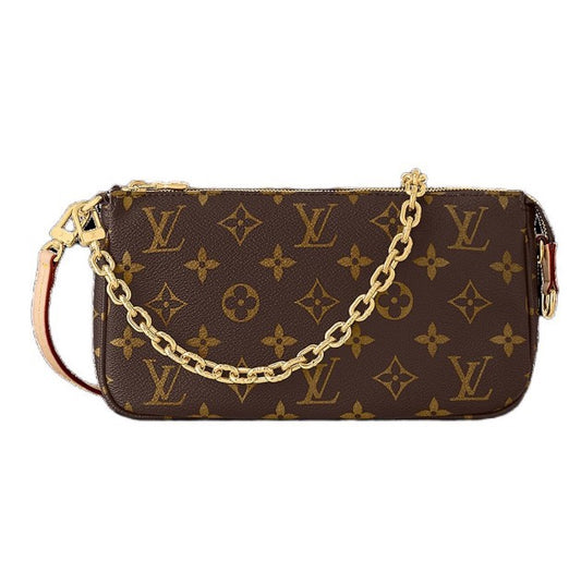 Louis Vuitton Brown Monogram Canvas Pochette Shoulder Bag with Gold Chain