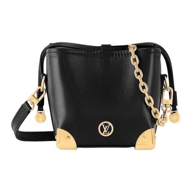 Louis Vuitton Black Leather Bucket Handbag with Gold-Tone Hardware & Chain