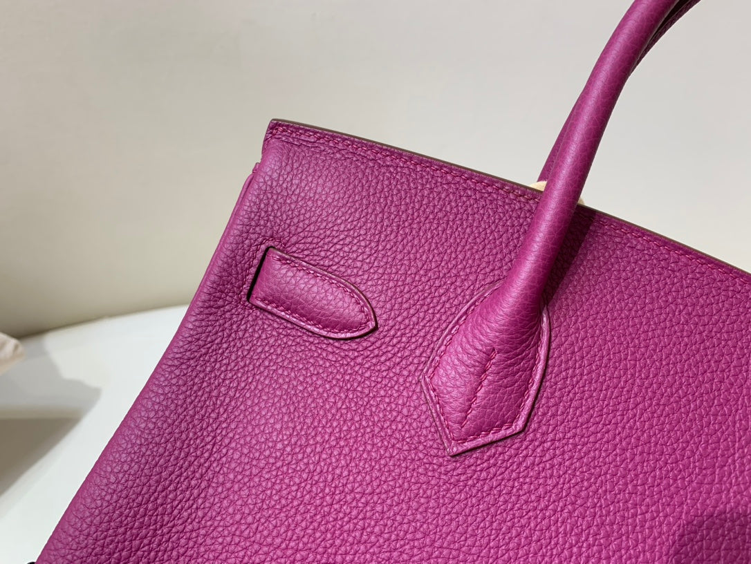 Vibrant Magenta Fuchsia Leather Top Handle Handbag with Gold-Tone Hardware