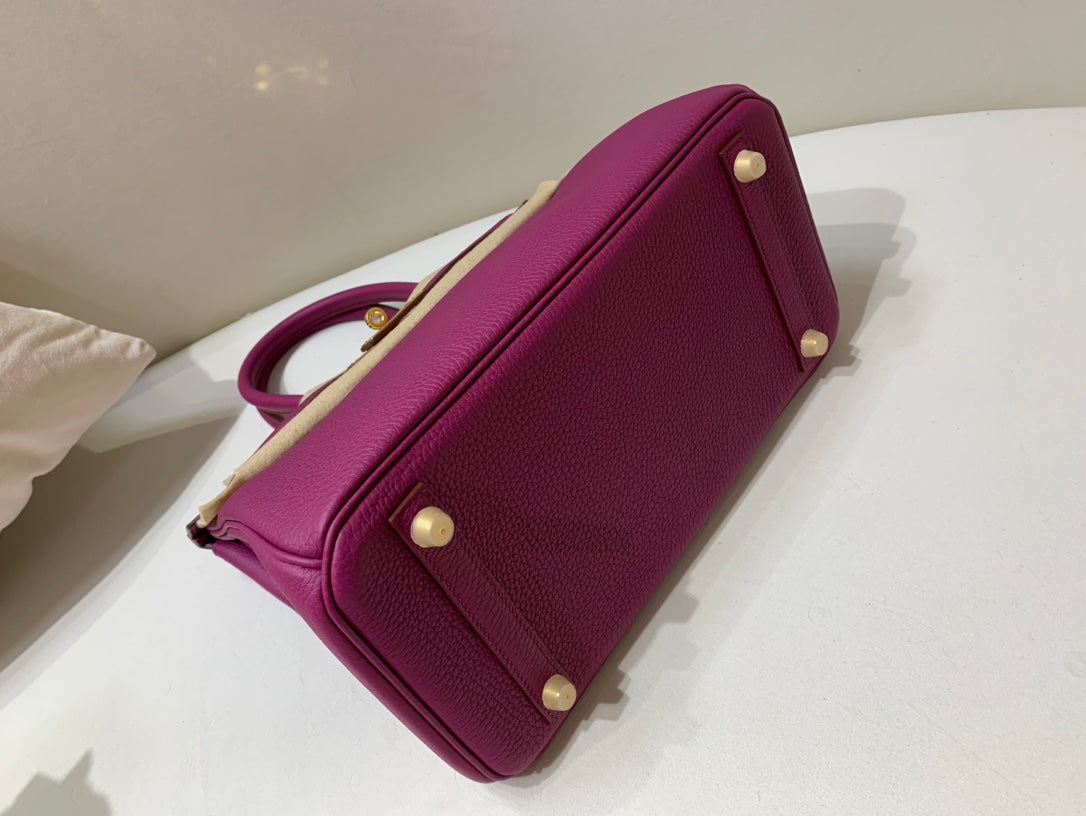 Vibrant Magenta Fuchsia Leather Top Handle Handbag with Gold-Tone Hardware