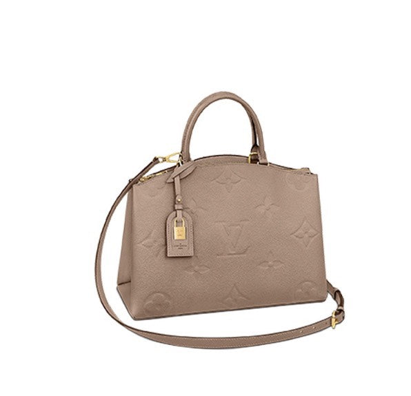 Louis Vuitton Elegant Taupe Embossed Leather Satchel Handbag with Lock Charm
