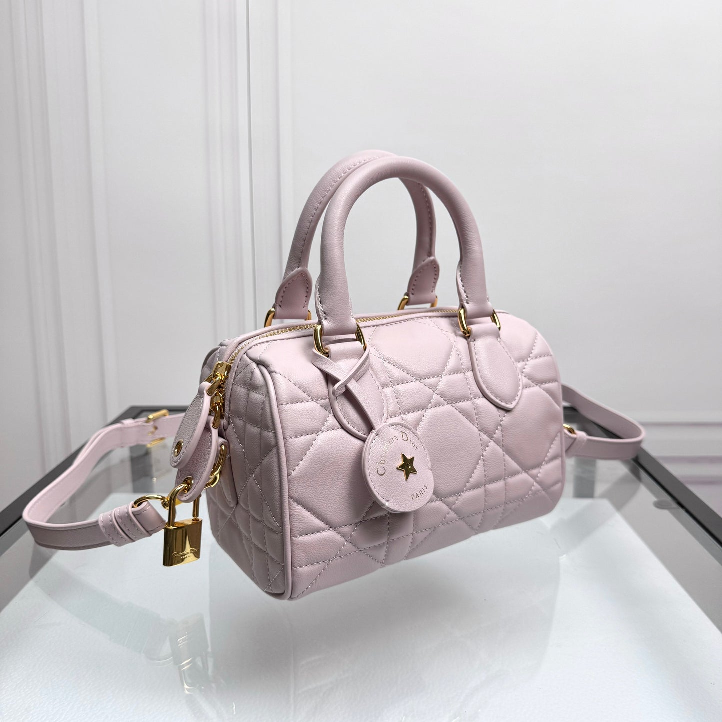 Dior Light Pink Quilted Leather Top Handle Crossbody Handbag