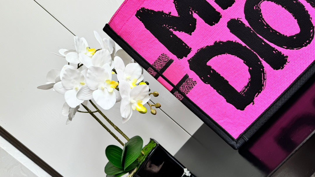 Dior Hot Pink Canvas Tote Handbag with Bold Black Graffiti Print