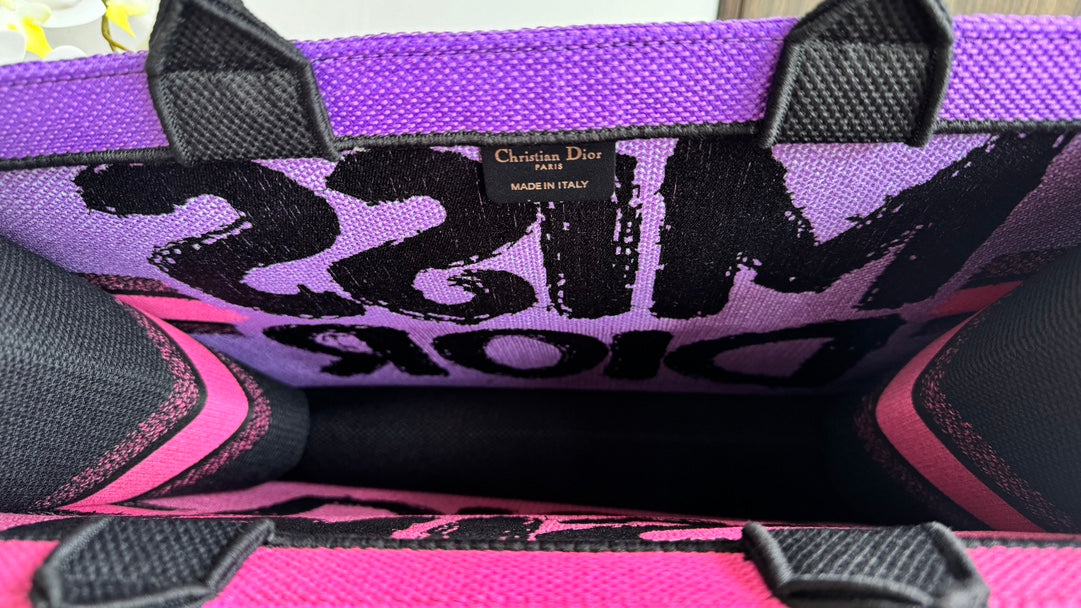 Dior Neon Pink Graffiti Print Square Tote Bag with Black Handles