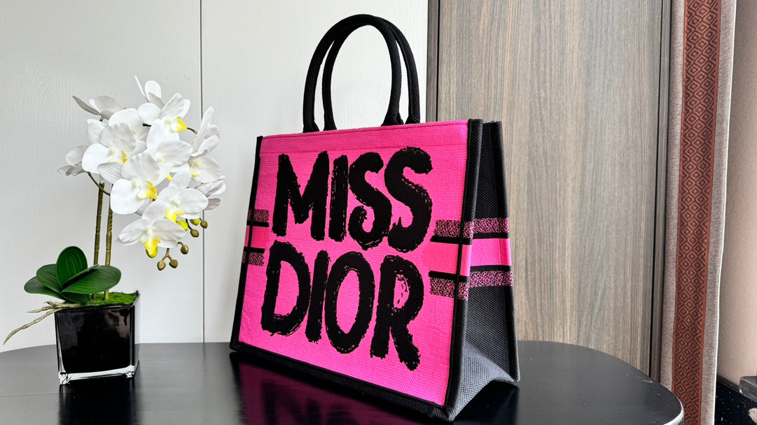 Dior Hot Pink Canvas Tote Handbag with Bold Black Graffiti Print