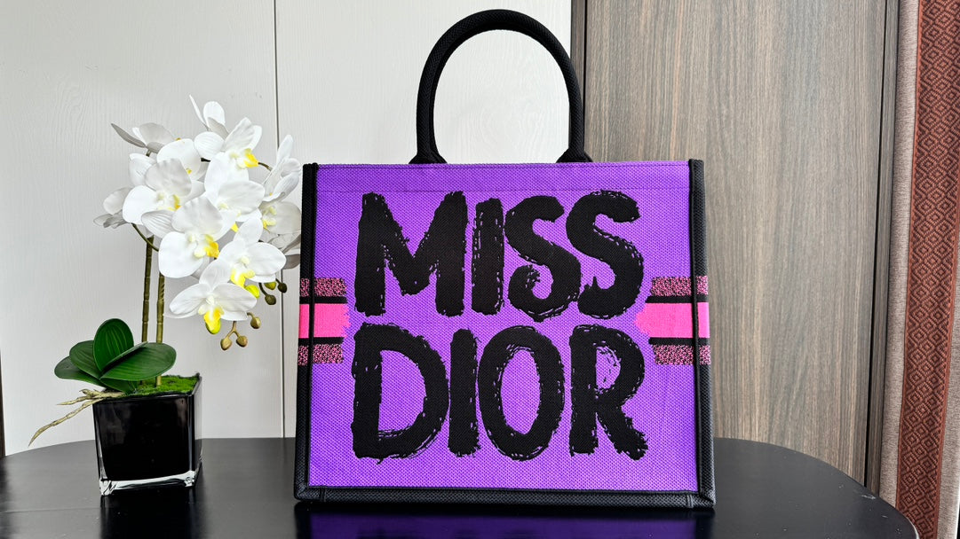 Dior Neon Pink Graffiti Print Square Tote Bag with Black Handles