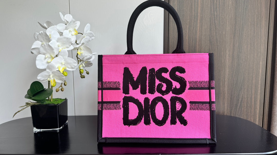 Dior Hot Pink and Black Canvas Tote Handbag with Graffiti Lettering