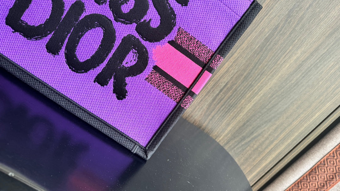 Dior Neon Pink Structured Canvas Tote Bag with Black Graffiti Print