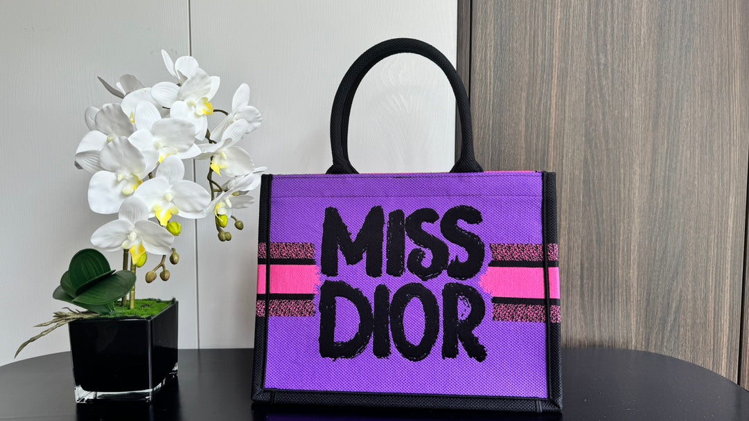 Dior Neon Pink Structured Canvas Tote Bag with Black Graffiti Print