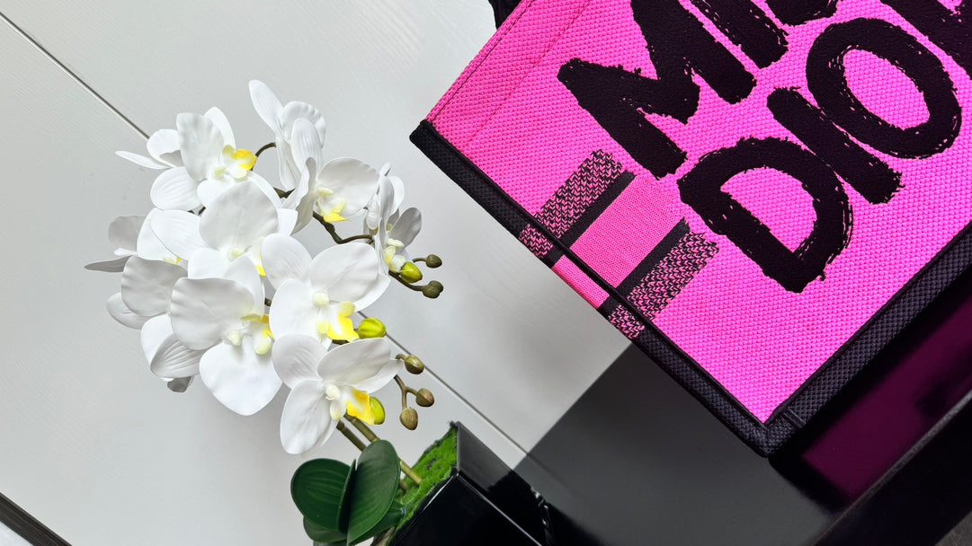 Dior Hot Pink and Black Canvas Tote Handbag with Graffiti Lettering