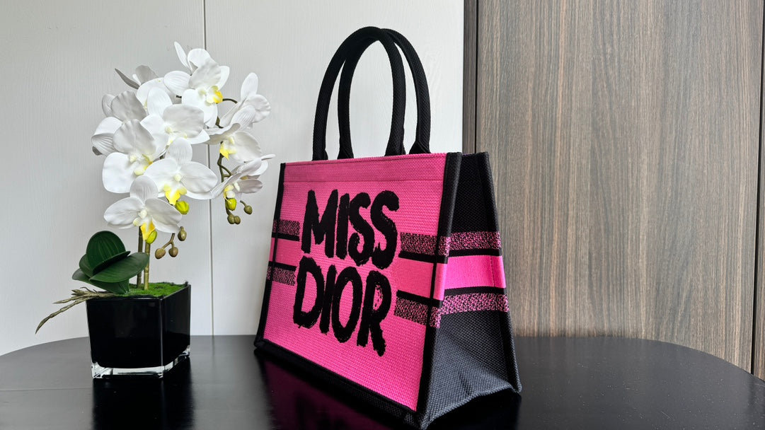 Dior Hot Pink and Black Canvas Tote Handbag with Graffiti Lettering