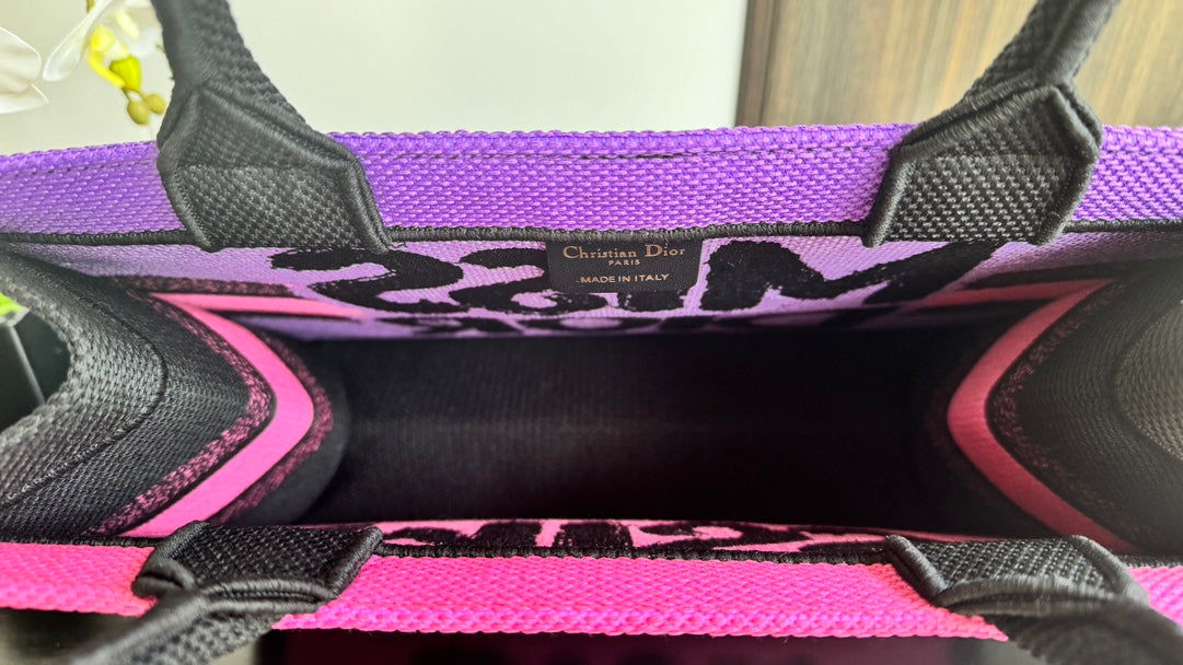 Dior Neon Pink Structured Canvas Tote Bag with Black Graffiti Print