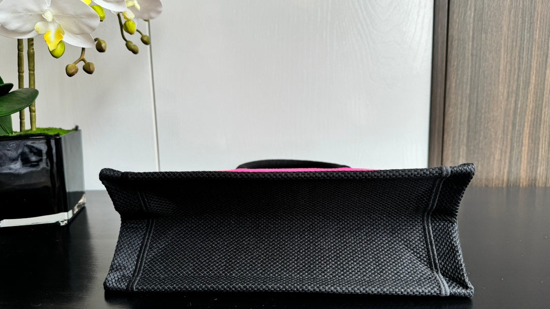 Dior Vibrant Pink Canvas Tote Bag with Black Graphic Print and Top Handles