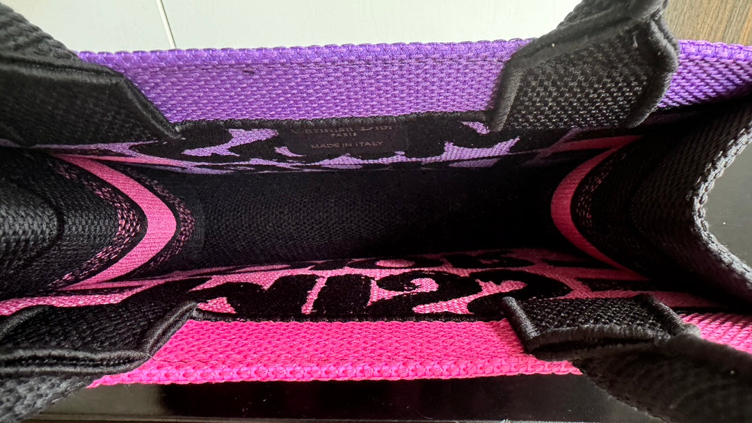 Dior Vibrant Pink Canvas Tote Bag with Bold Black Lettering and Top Handles