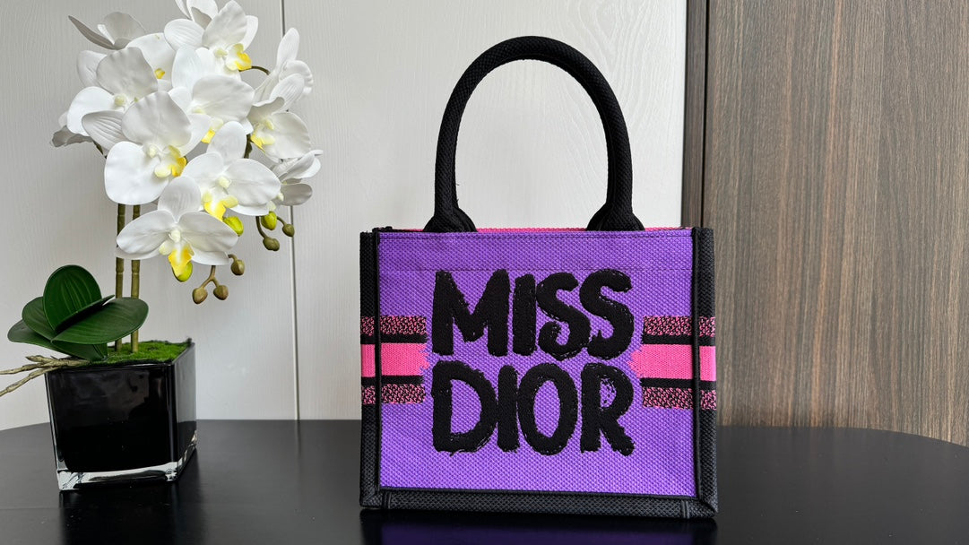 Dior Vibrant Pink Canvas Tote Bag with Black Graphic Print and Top Handles