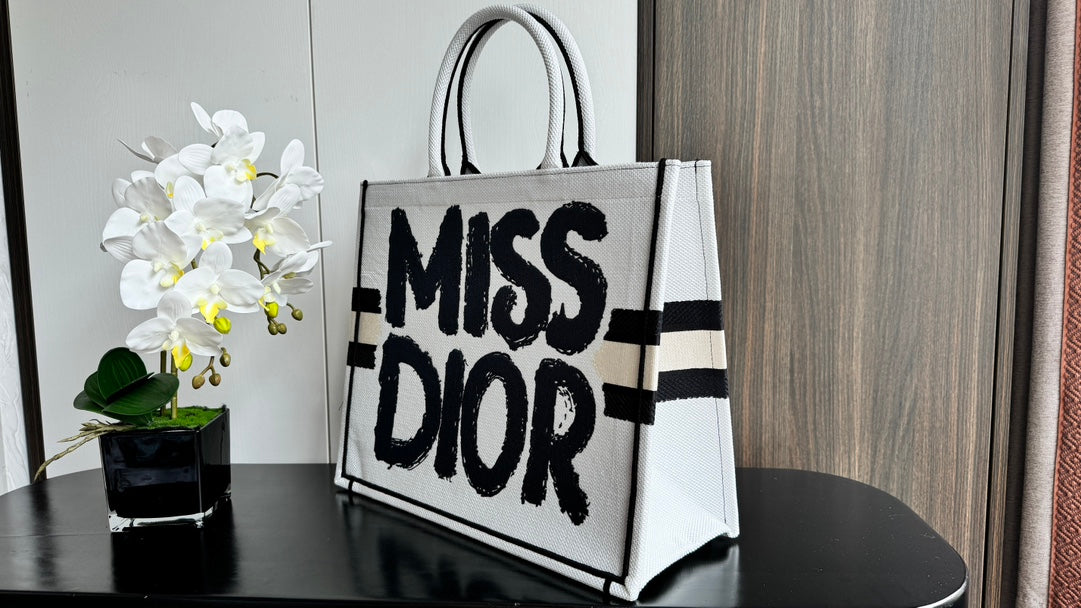 Dior Bold Graffiti Text Print Canvas Tote Bag with Top Handles