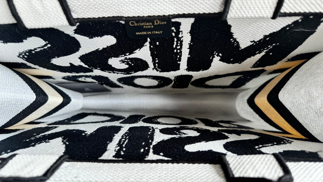 Dior Bold Graffiti Text Print Canvas Tote Bag with Top Handles