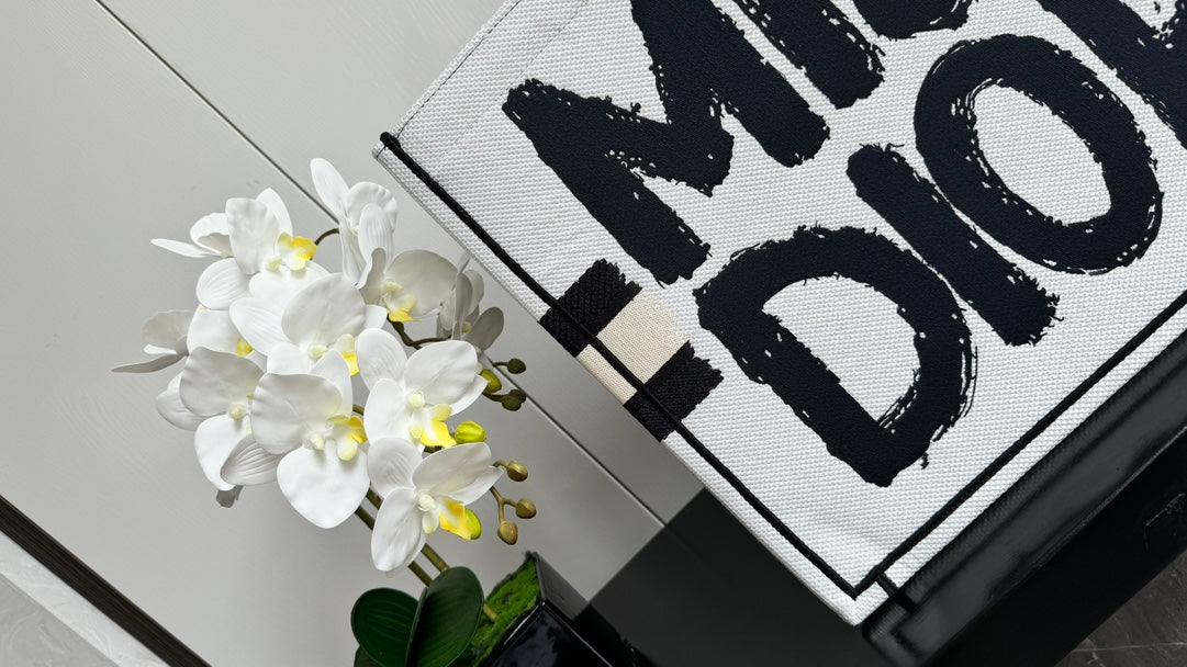 Miss Dior Large Canvas Tote Bag - White & Black Graphic Print Handbag