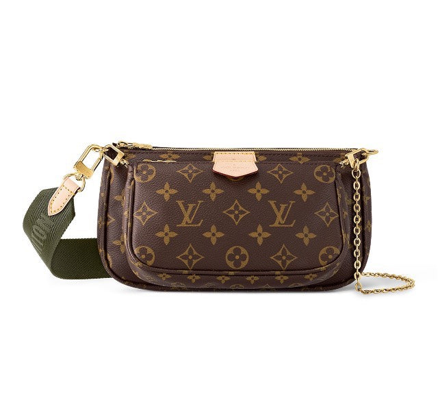 Louis Vuitton Classic Monogram Canvas Double Pouch Crossbody Bag with Green Strap