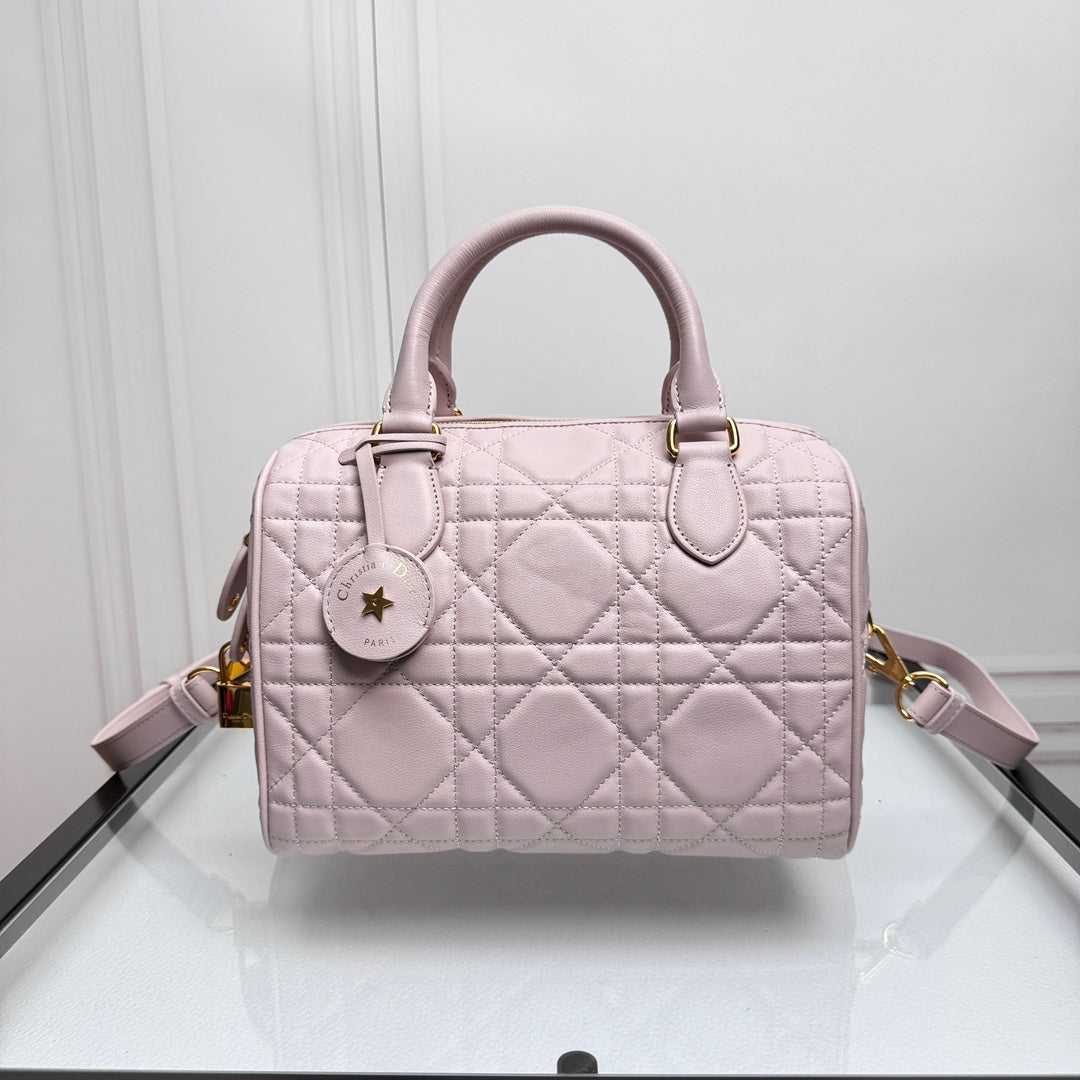 Dior Pastel Pink Quilted Leather Bowling Bag with Crossbody Strap