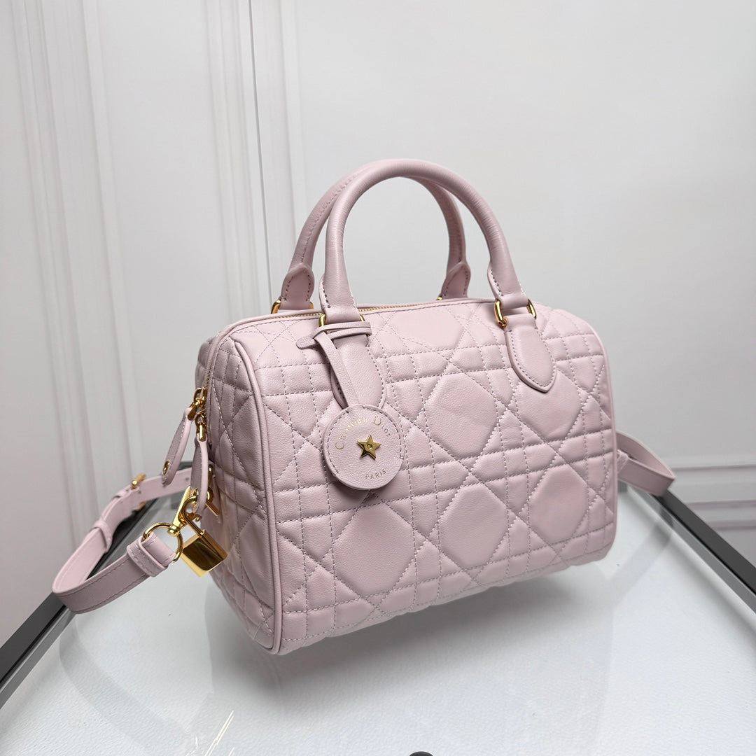 Dior Pink Quilted Leather Bowling Bag with Top Handles and Shoulder Strap