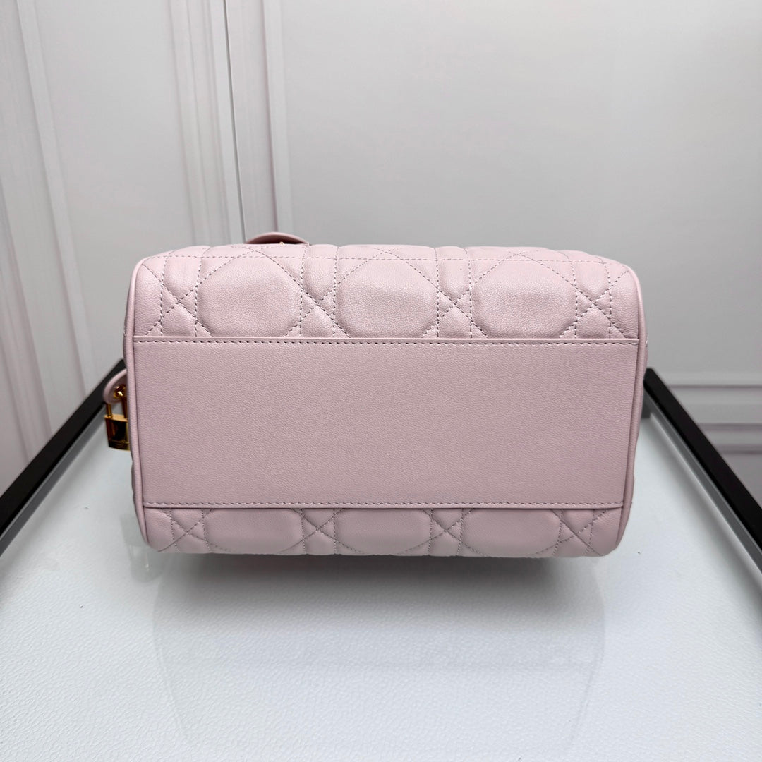 Dior Pink Quilted Leather Bowling Bag with Top Handles and Shoulder Strap