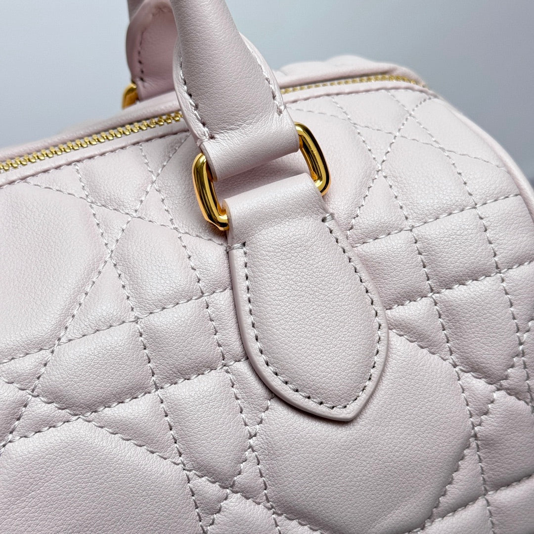 Dior Pastel Pink Quilted Leather Bowling Bag with Crossbody Strap