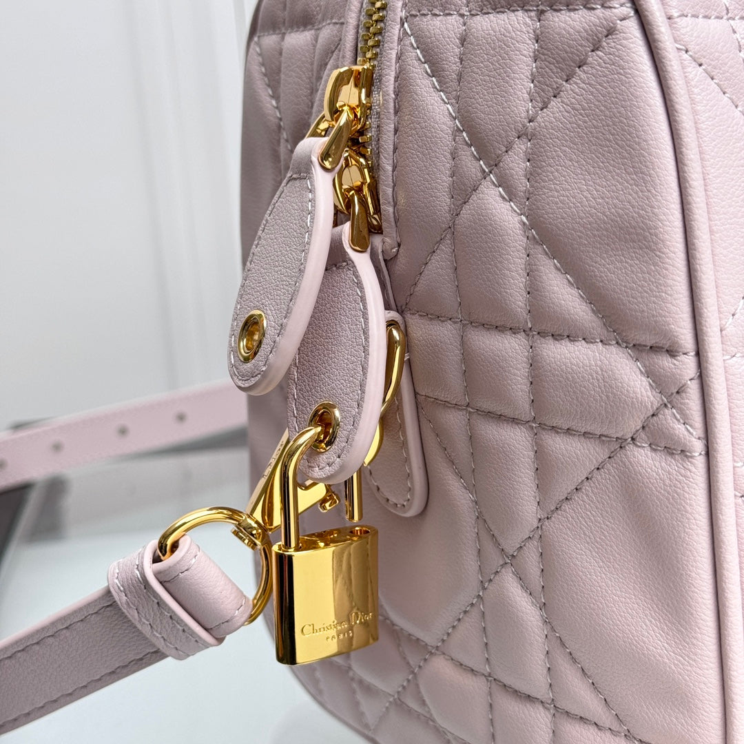 Dior Pink Quilted Leather Bowling Bag with Top Handles and Shoulder Strap