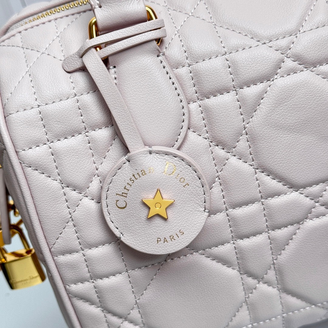 Dior Pink Quilted Leather Bowling Bag with Top Handles and Shoulder Strap