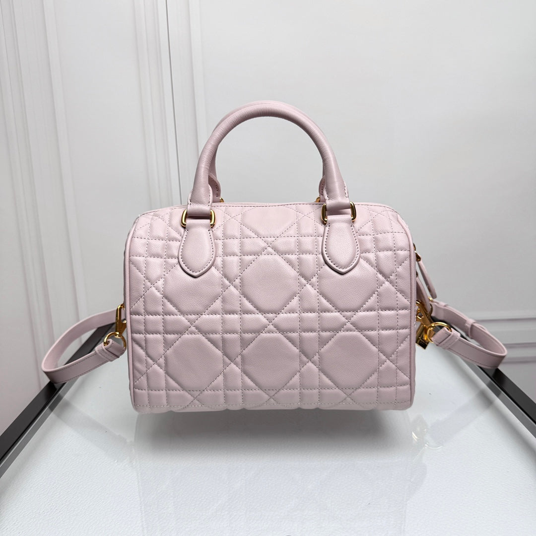 Dior Pink Quilted Leather Bowling Bag with Top Handles and Shoulder Strap