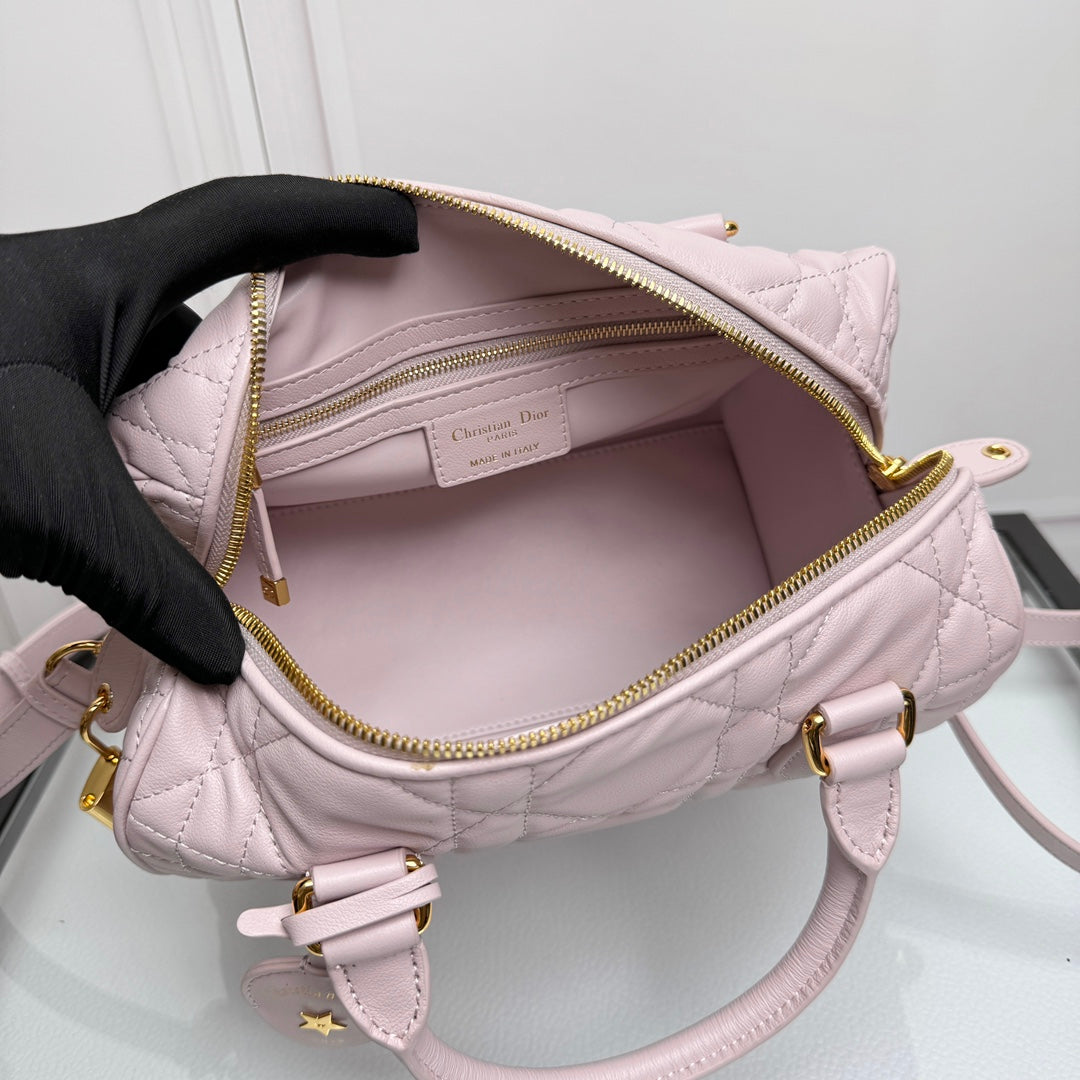 Dior Pink Quilted Leather Bowling Bag with Top Handles and Shoulder Strap