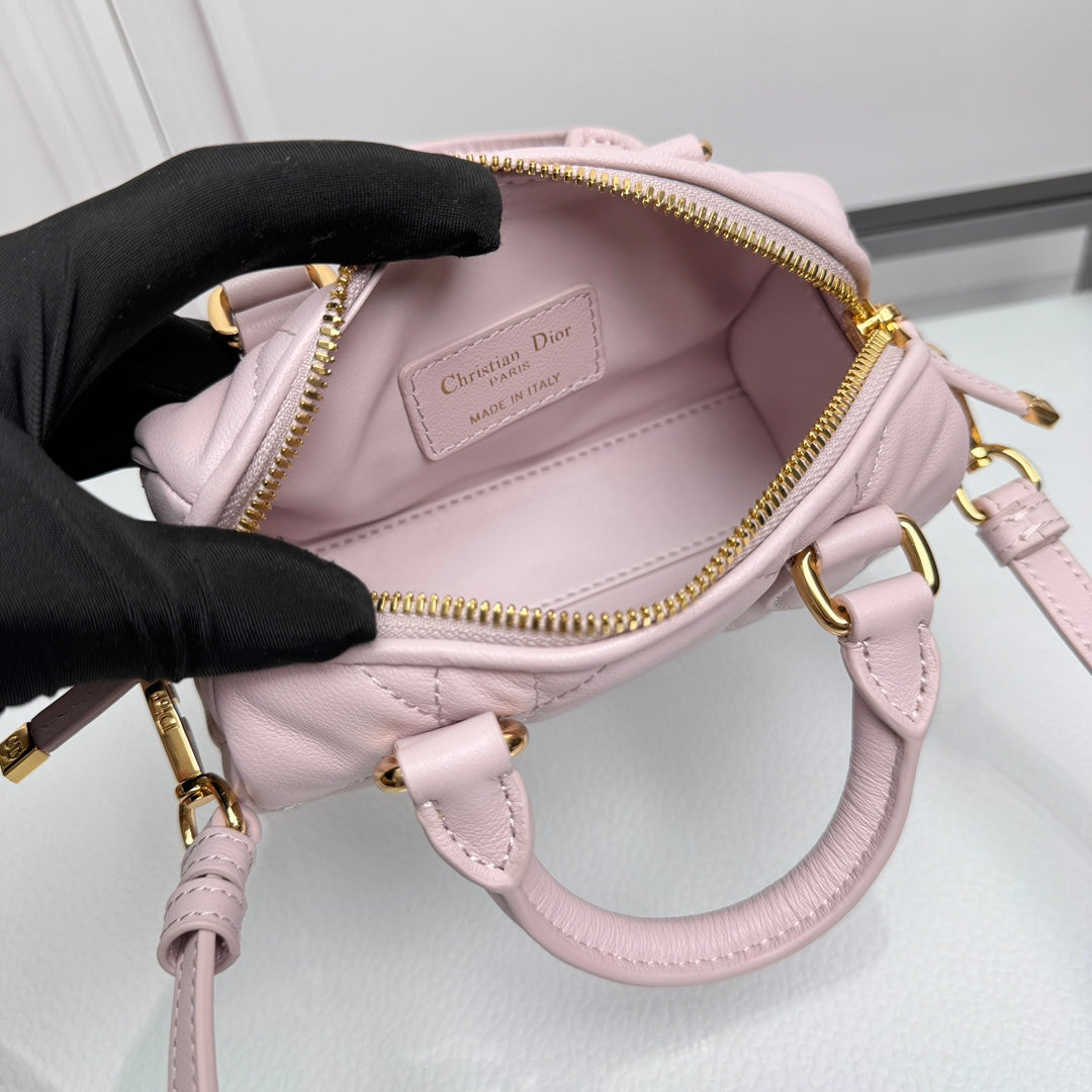 Dior Elegant Light Pink Quilted Leather Mini Duffle Crossbody Bag