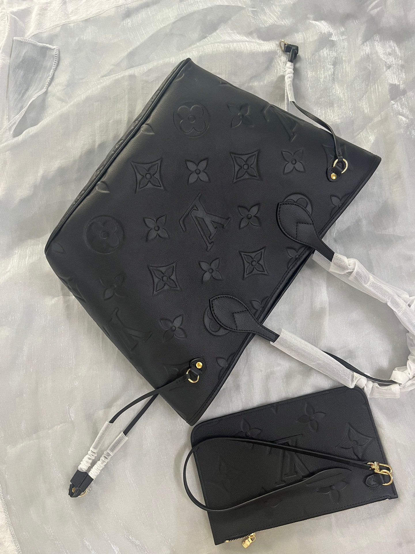 Louis Vuitton Black Embossed Leather Tote Bag with Matching Wristlet Pouch Set