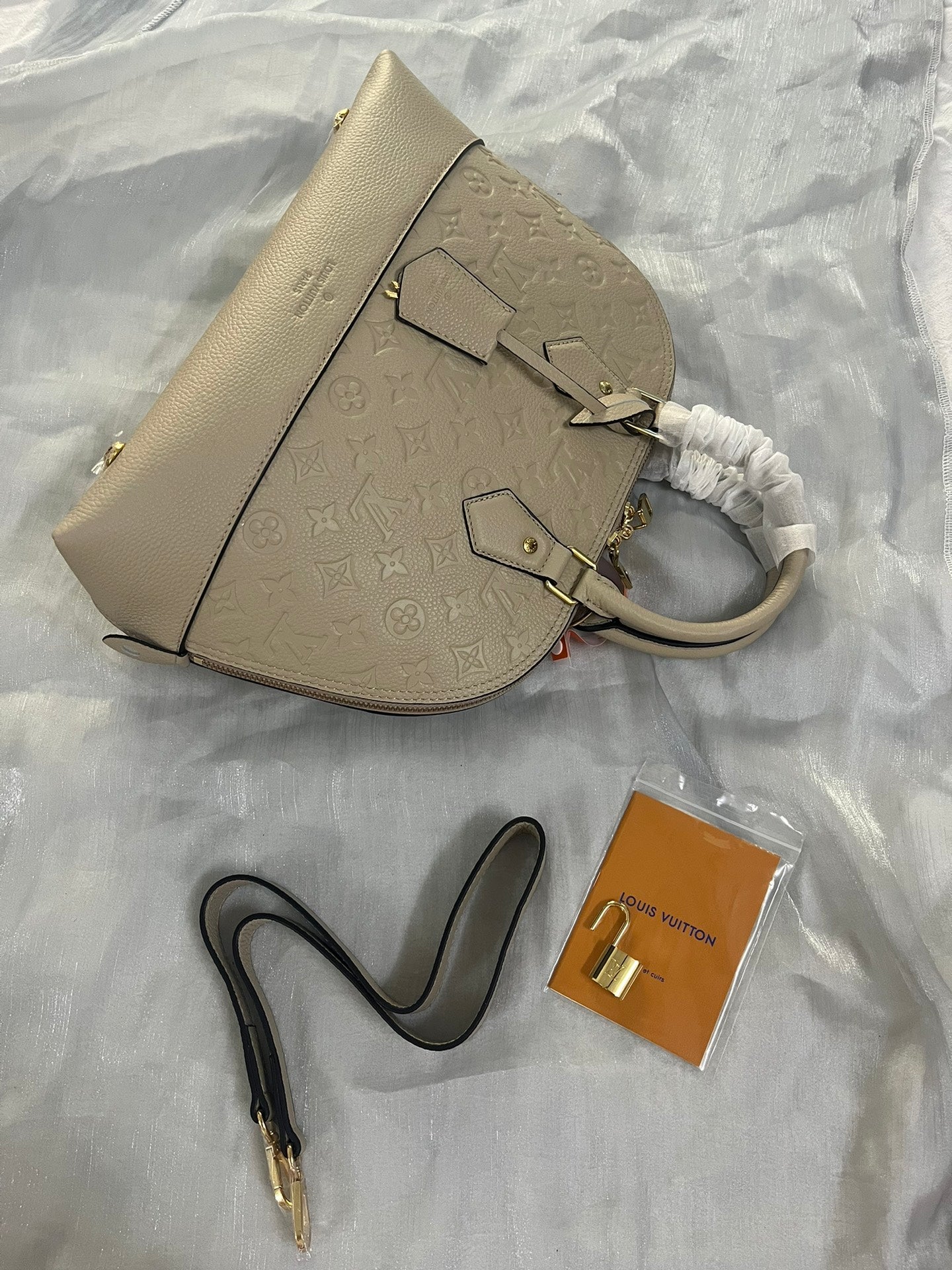 Louis Vuitton Luxury Beige Embossed Leather Dome Satchel Shoulder Bag