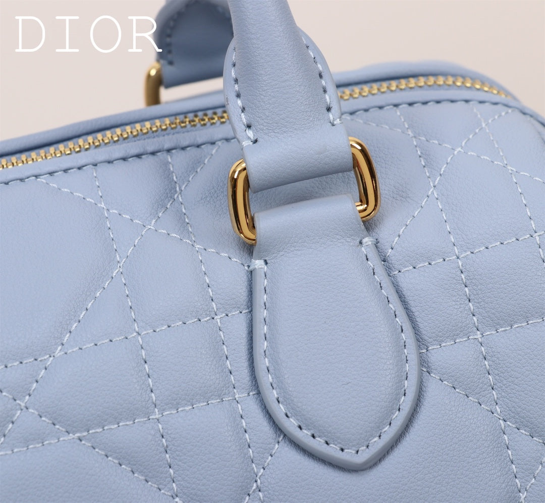 Dior Light Blue Quilted Leather Handbag with Top Handles and Shoulder Strap