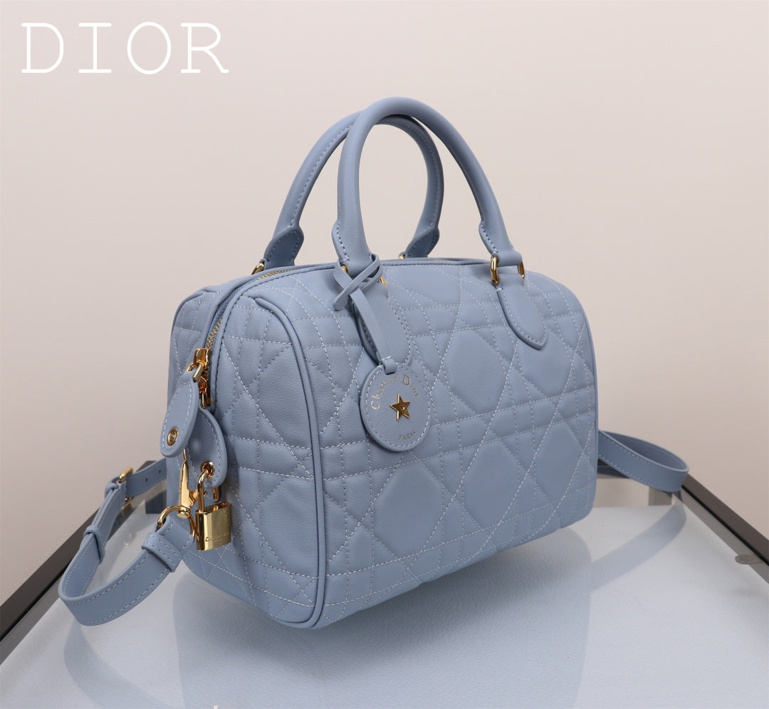 Dior Light Blue Quilted Leather Handbag with Top Handles and Shoulder Strap