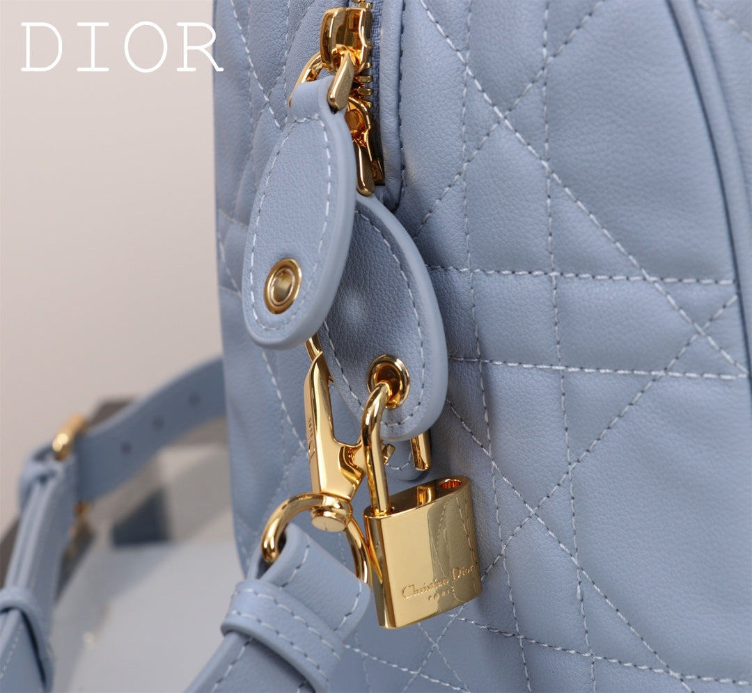 Dior Light Blue Quilted Leather Duffle Bag with Crossbody Strap