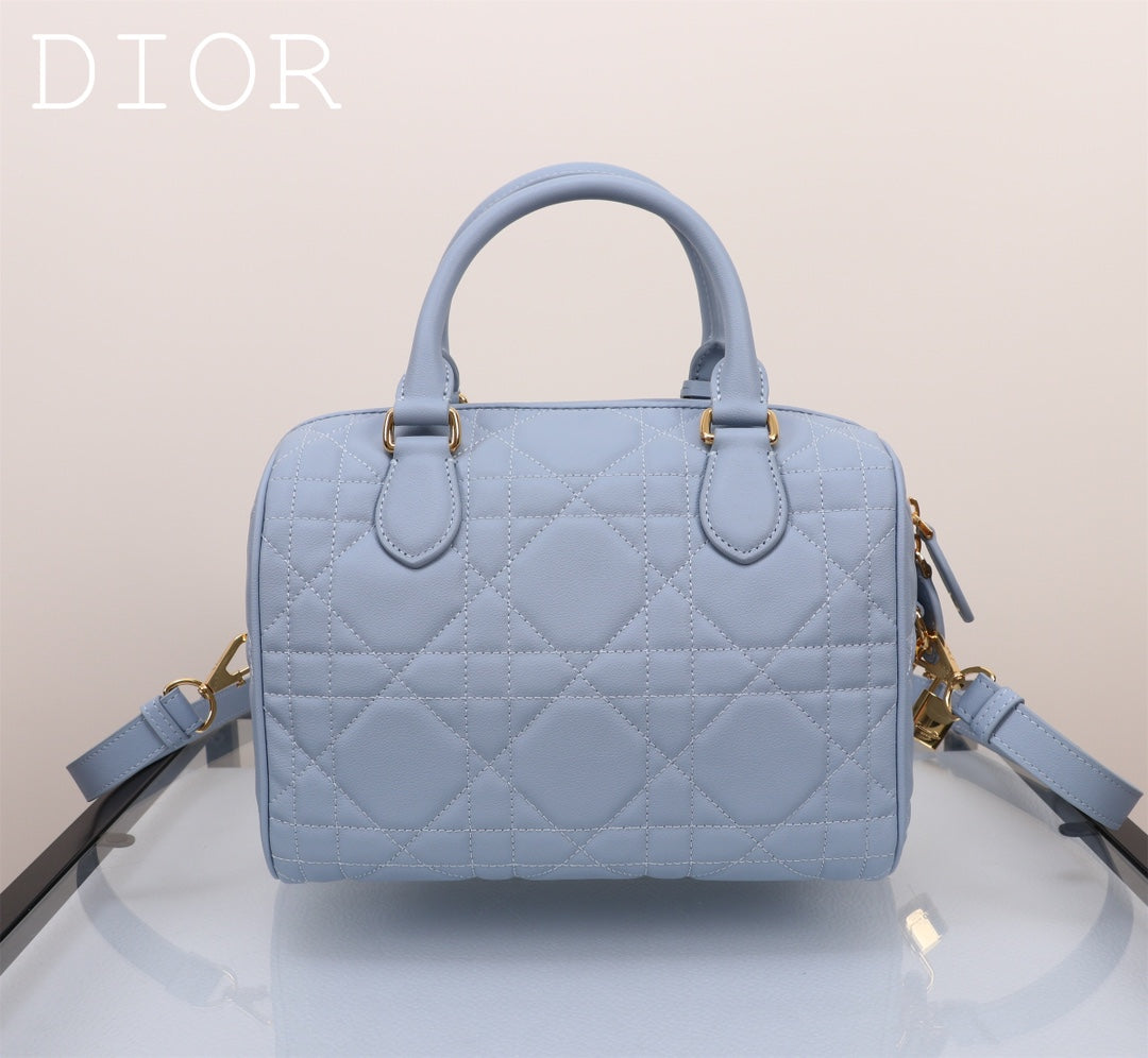 Dior Light Blue Quilted Leather Handbag with Top Handles and Shoulder Strap
