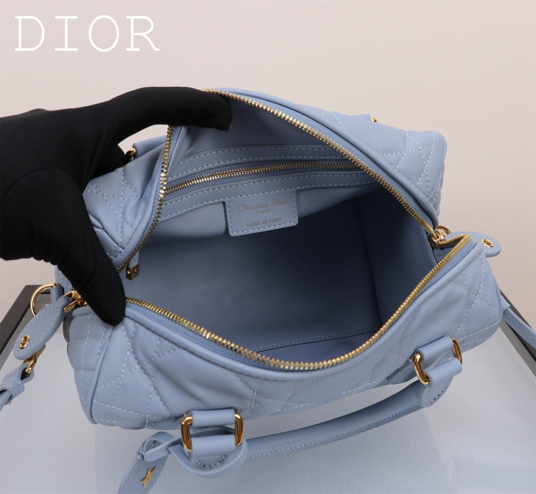 Dior Light Blue Quilted Leather Duffle Bag with Crossbody Strap