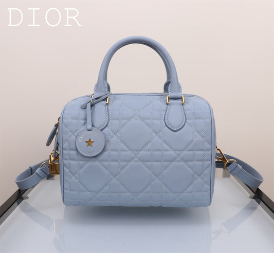 Christian Dior Vibe Zip Bowling Bag - Cannage Quilted Leather - Light Blue