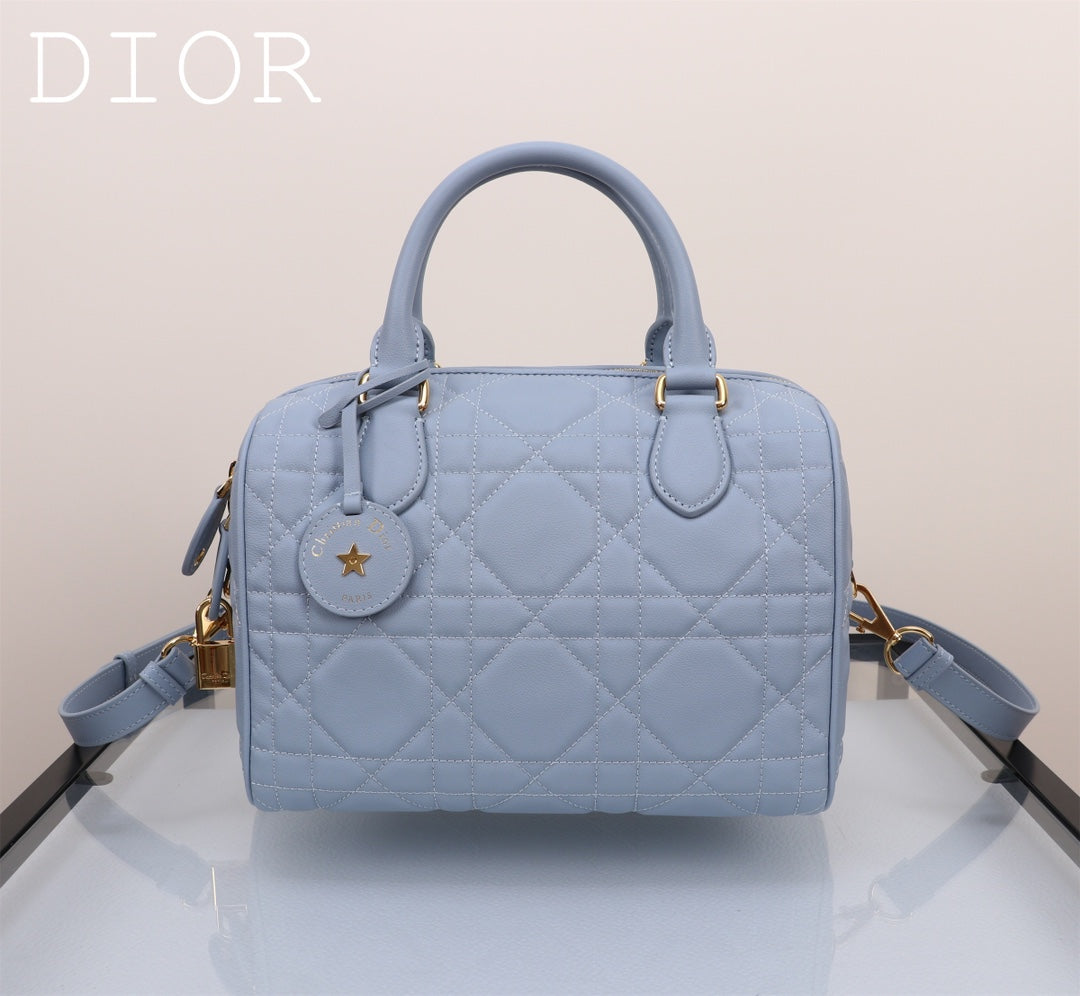 Dior Light Blue Quilted Leather Handbag with Top Handles and Shoulder Strap